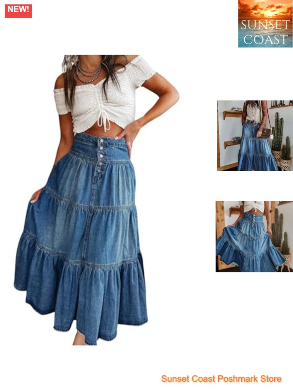 Boho Frayed Tiered Denim Skirt Pleated Ruffle A-Line Swing Maxi Long Jean Skirt